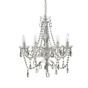 crystal and white chandelier rental on white background with 5 bulbs