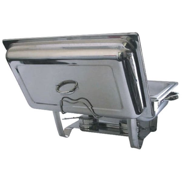 stainless steel chafing dish lid in the holder of a stainless steel chafing dish