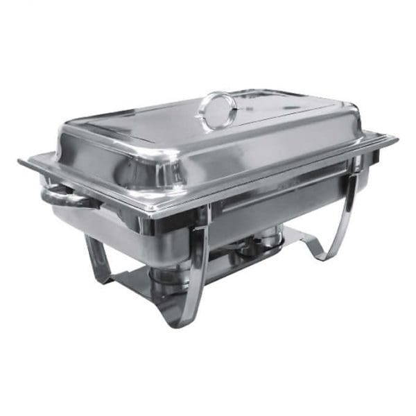 stainless steel chafing dish with a lift top lid on a white background