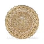 glass gold charger plate rental with white peacock design