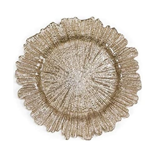 gold reef glass charger plate shaped like coral burst for rent red deer