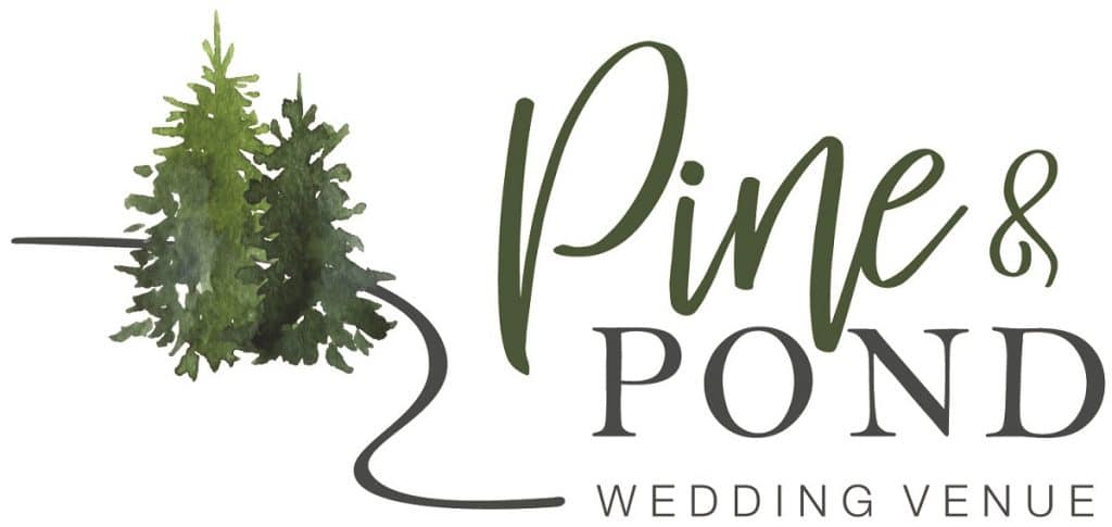 Logo For Pine & Pond Wedding Venue With Trees and cursive writing